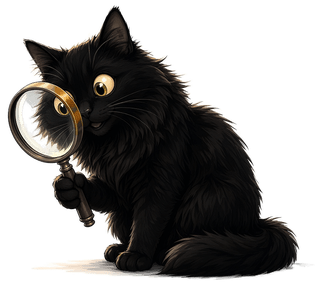 Camille the shop cat peering closely through a magnifying glass