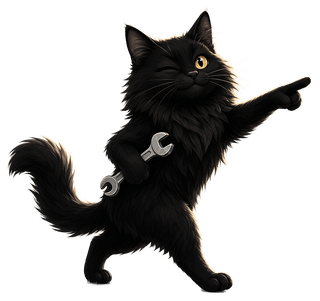 Camille the shop cat winking and pointing the way, a wrench tucked under her arm