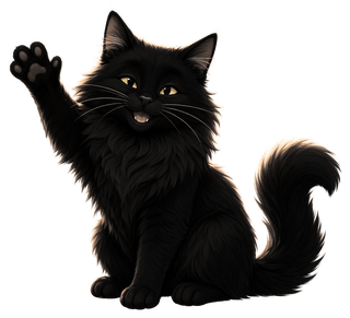 Camille the shop cat waving hello with a happy grin