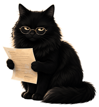 Camille the shop cat in reading glasses, reading a repair invoice with a skeptical look