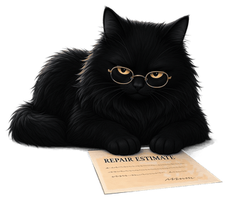 Camille the shop cat in reading glasses, reading a repair invoice with a skeptical look